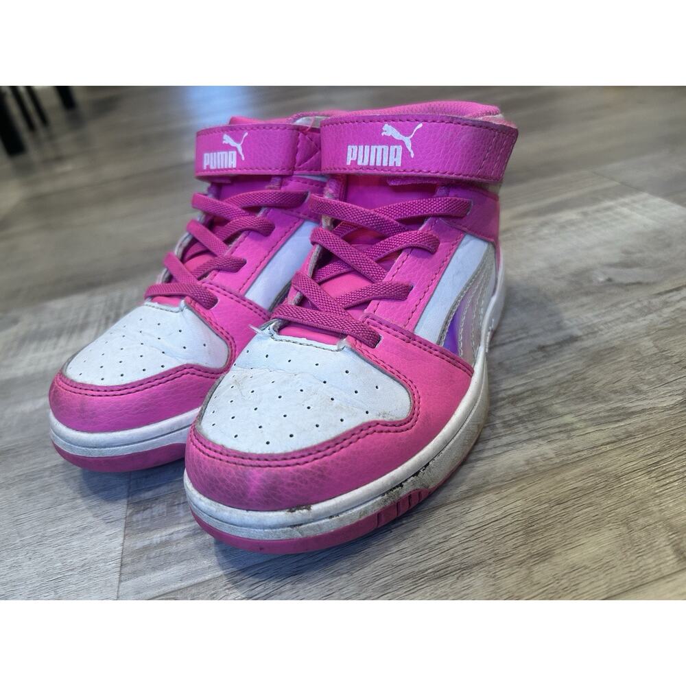 PUMA Rebound Layup Iridescent Pink Lace Up Youth Girls Pink, White Sneakers Cas